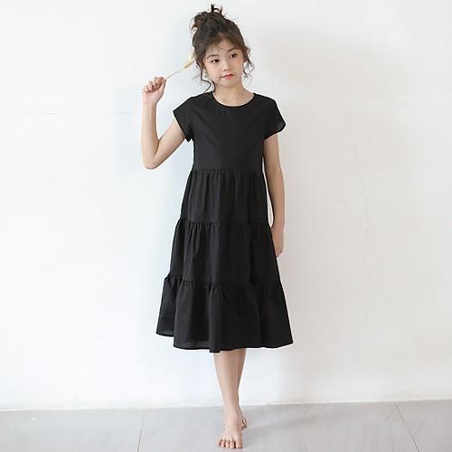 韓国子供服 ワンピース フレンチリーブ 膝下丈 無地 黒 ティアード Aライン キッズ 女の子 カジュアル 子供服 春 夏 1 130 140 150 160 05 R D Ninos 通販 Yahoo ショッピング