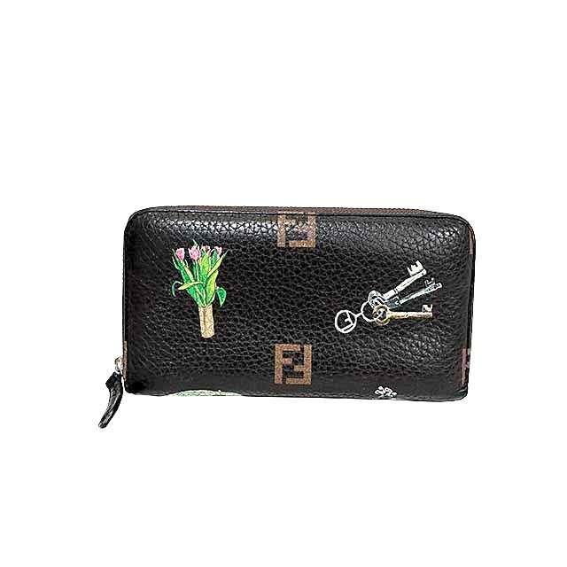 Fendi 長財布 クオイオローマ ペブルドレザー　ラウンドファスナー FENDI（フェンディ） 【中古】FENDI 長財布 ブラウン クオイオローマ