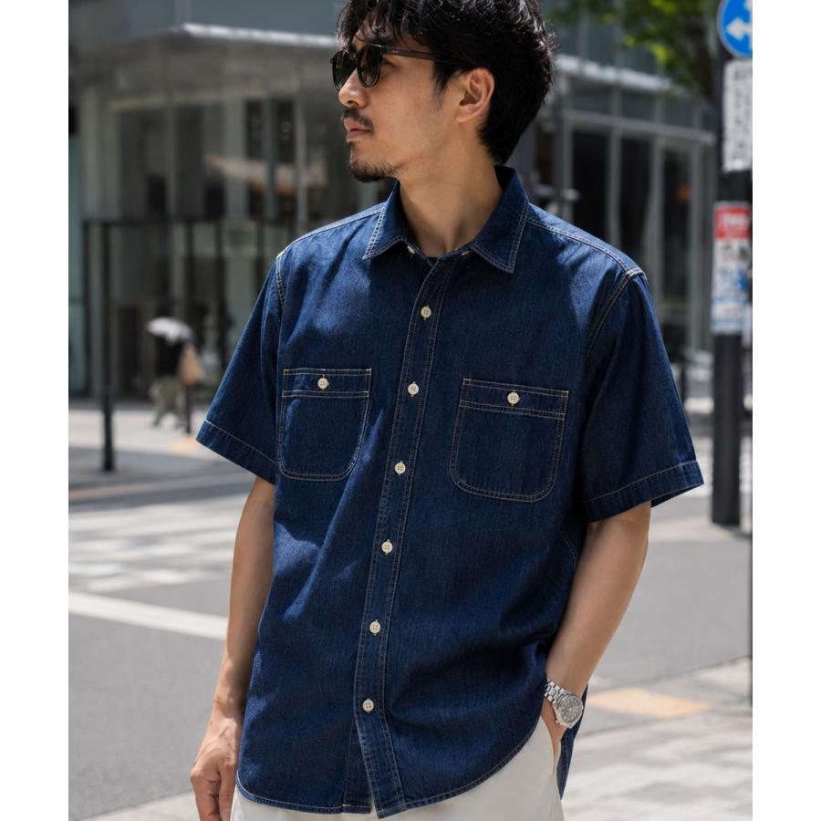 XL✨SCHOTT バックプリント 鷹 デニム ワークシャツ 半袖 インディゴ デニムシャツ インディゴ デニムワークシャツ メンズ 5oz 春服 春物 秋