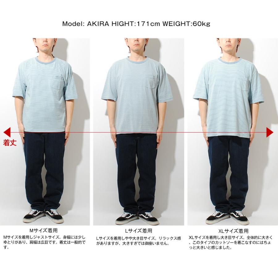 インディゴ染め 半袖Tシャツ インディゴボーダー ブリーチデニム ポケT