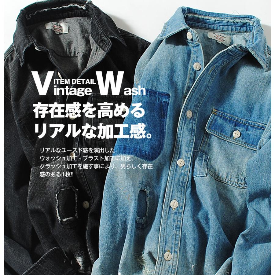 ダメージ&リペア ヴィンテージデニムシャツ インディゴ 長袖 ペイント