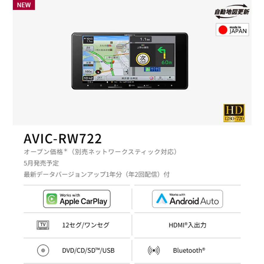 楽ナビ 【取寄商品】カロッツェリア7V型200mm楽ナビAVIC-RW722フルセグ