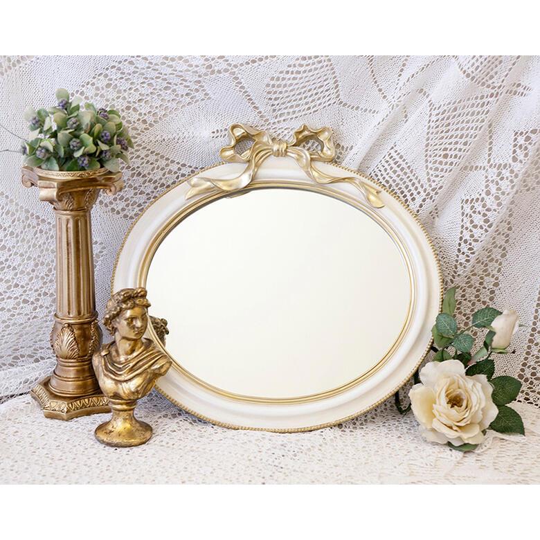 フレンチリボン オーバル ウォールミラー ミラー リボン シャビー