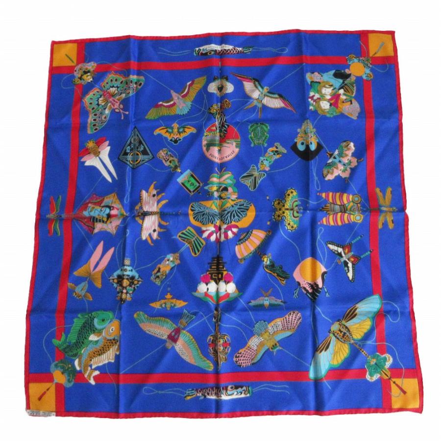 HERMES カレ90 大空に舞うシルク 凧 蝶々　ネイビー　春　首元　スカーフ HERMES エルメス カレ90 大空に舞うシルク スカーフ シルク