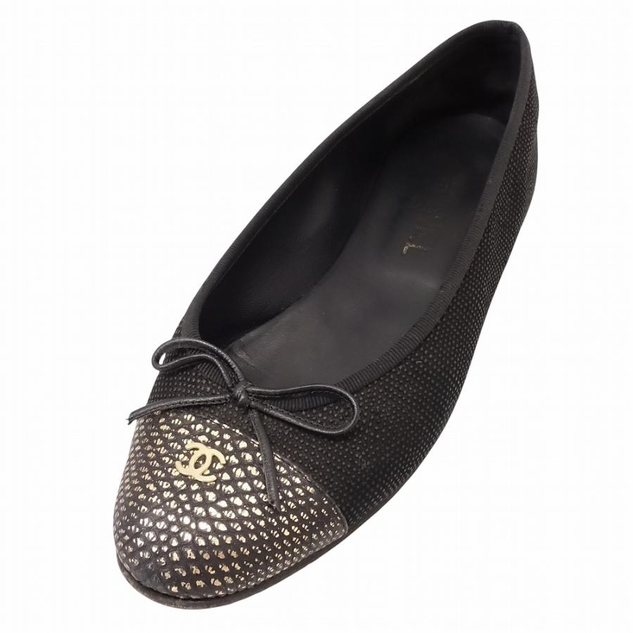 CHANEL シャネル バレエシューズ ココマーク 黒×ゴールド 37.5 箱付 CHANEL（シャネル） バレリーナ バレエシューズ リボン ココマーク