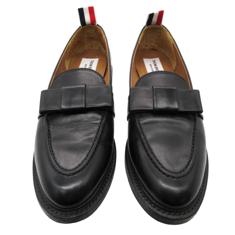 THOM BROWNE トムブラウン ローファー モカシン 革靴 レザー リボン トリコロール イタリア製 36.5 23.5cm 黒 レディース 【中古】