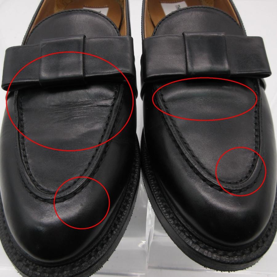 THOM BROWNE トムブラウン ローファー モカシン 革靴 レザー リボン トリコロール イタリア製 36.5 23.5cm 黒 レディース 【中古】