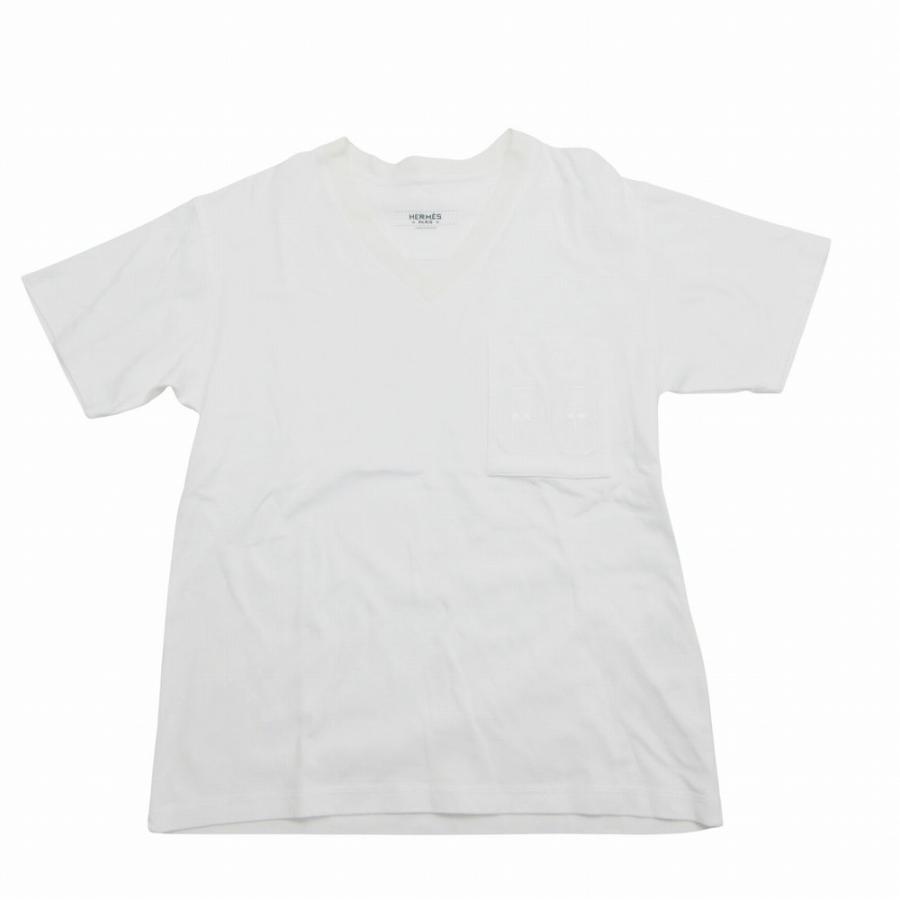 HERMES エルメス Vネック Tシャツ 刺繍ロゴ HERMES（エルメス） 美品 エンブレムロゴ 刺しゅう ポケット Tシャツ V