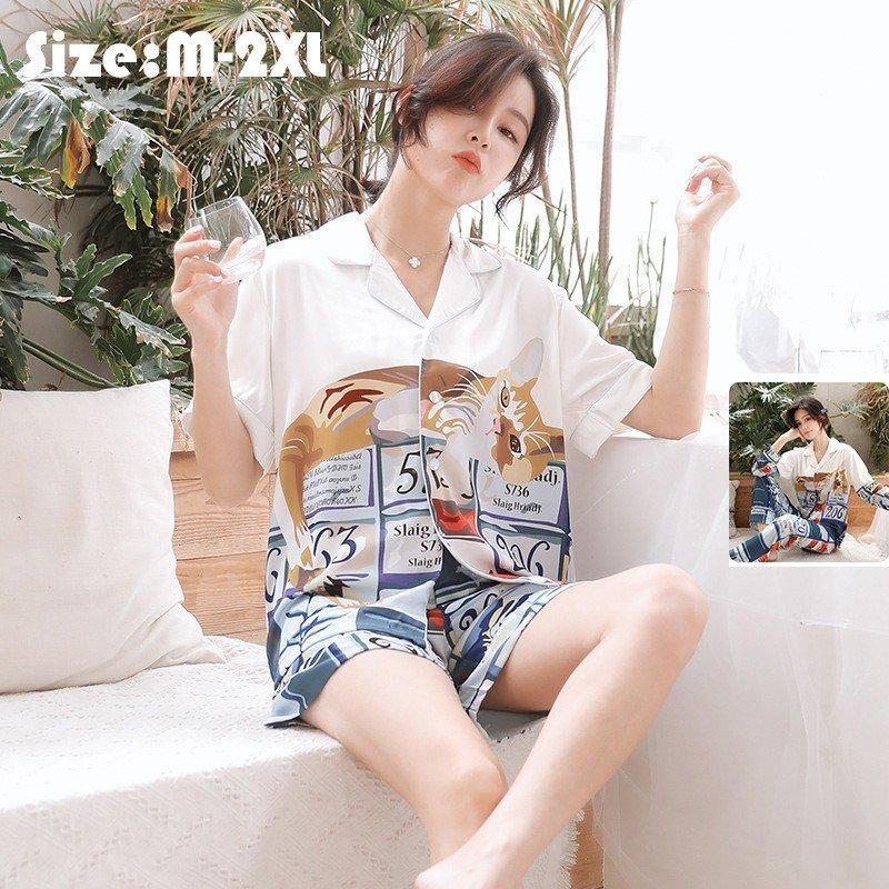 パジャマ ルームウェア レディース2点 春夏秋冬猫 前開き半袖 長袖ガウン シルク風パジャマ 上下セット ルームウェア ネグリジェ 可愛い 部屋着 寝巻き 上下セット サイズ Xl Avenida7 Com
