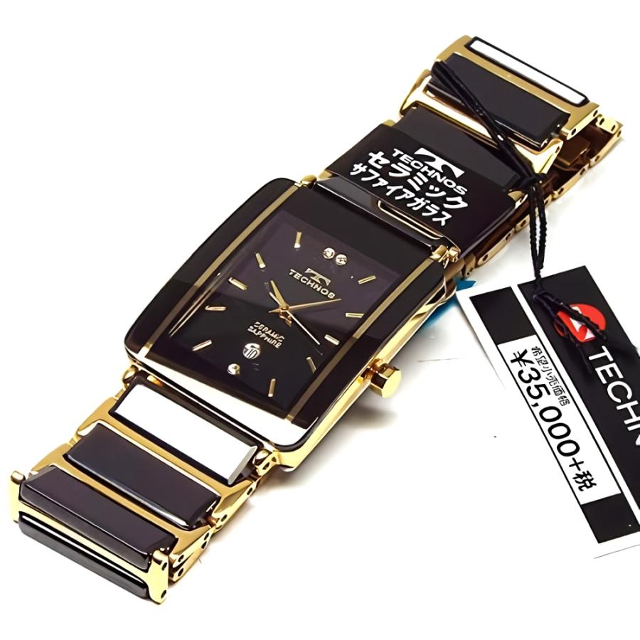 TECHNOS（テクノス） メンズ腕時計 ブラック×ゴールド TSM903GB : 時計 