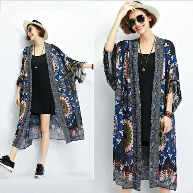 レディースファショントップス カーディガン シフォンカーディガン シフォン ロングカーディガン 柄カーディガン フリンジ エスニック柄 レディース 7分袖 秋 1803cyf176 レーちゃん 通販 Yahoo ショッピング