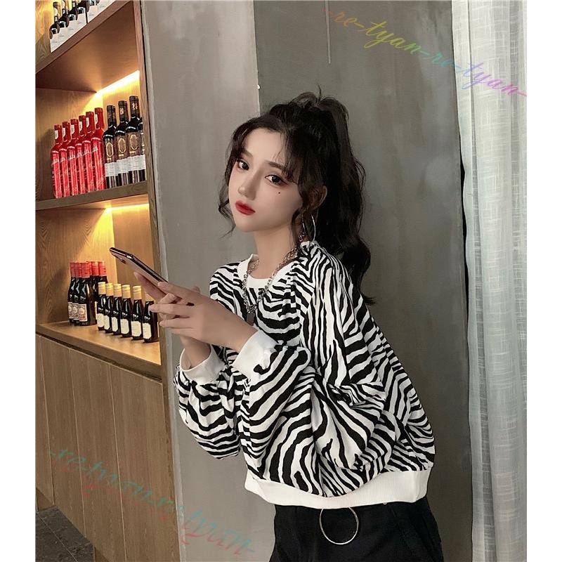 ゼブラ柄 ミニ丈 長袖レディースファッション トップス スウェット