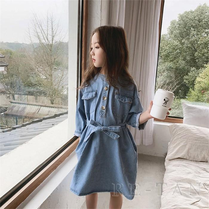 デニムワンピース キッズ ワンピース デニム 子供服 女の子 パーカーワンピース ノーカラー ミモレ丈 ウエストマーク ひざ丈 ワンピース ジュニア T5 Q9 レーちゃん 通販 Yahoo ショッピング