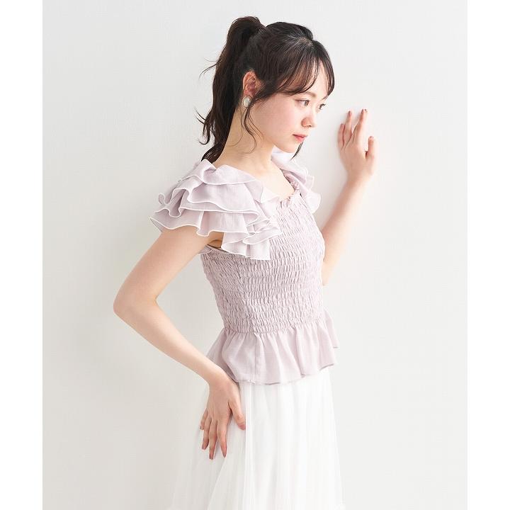新品♡ FRAY I.D ＊ フリルスリーブシャーリングブラウス♡ホワイト花刺繍 土日も即日発送/LILLIAN CARAT リリアンカラット ティアードフリル