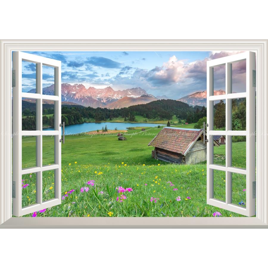 絵画風 壁紙ポスター 窓の景色 アルプス山脈の夕焼けと草原の花 森林 湖 【窓仕様】 キャラクロ ALPS008MA1 （A1版