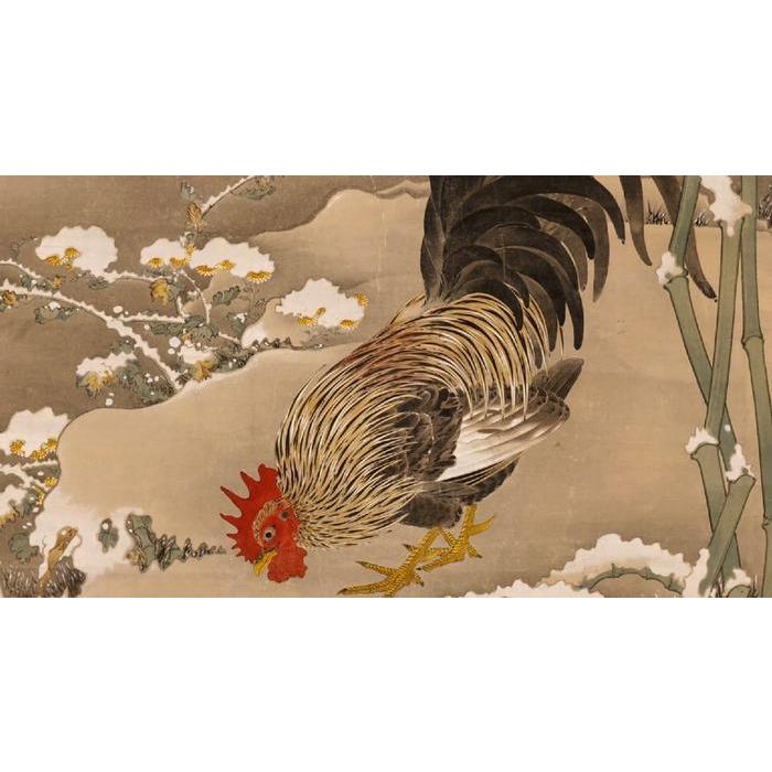 絵画風 壁紙ポスター (はがせるシール式) 伊藤若冲 動植綵絵 雪中雄鶏図 じゃくちゅう 生誕300年 キャラクロ K-ITJ-008S1(1052mm×576mm)＜日本製＞ | 