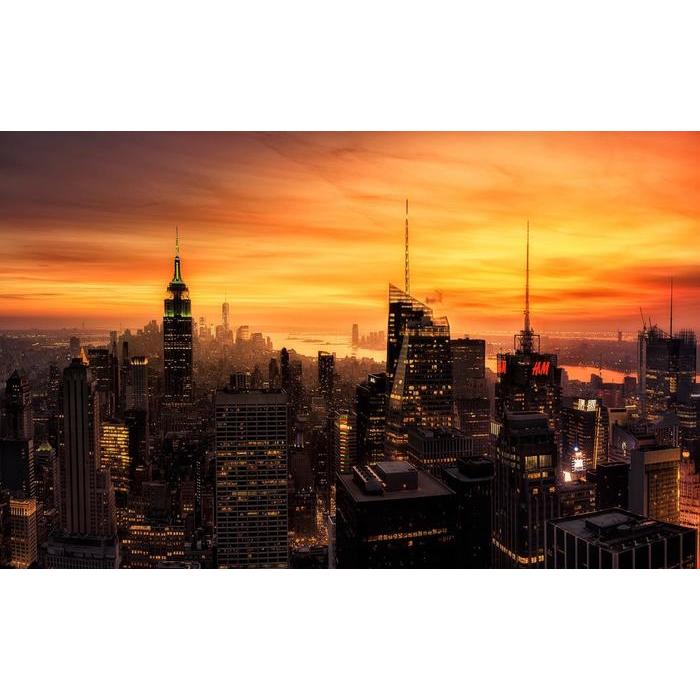 絵画風 壁紙ポスター 夕焼けのニューヨーク マハッタンの夕暮れ 夜景