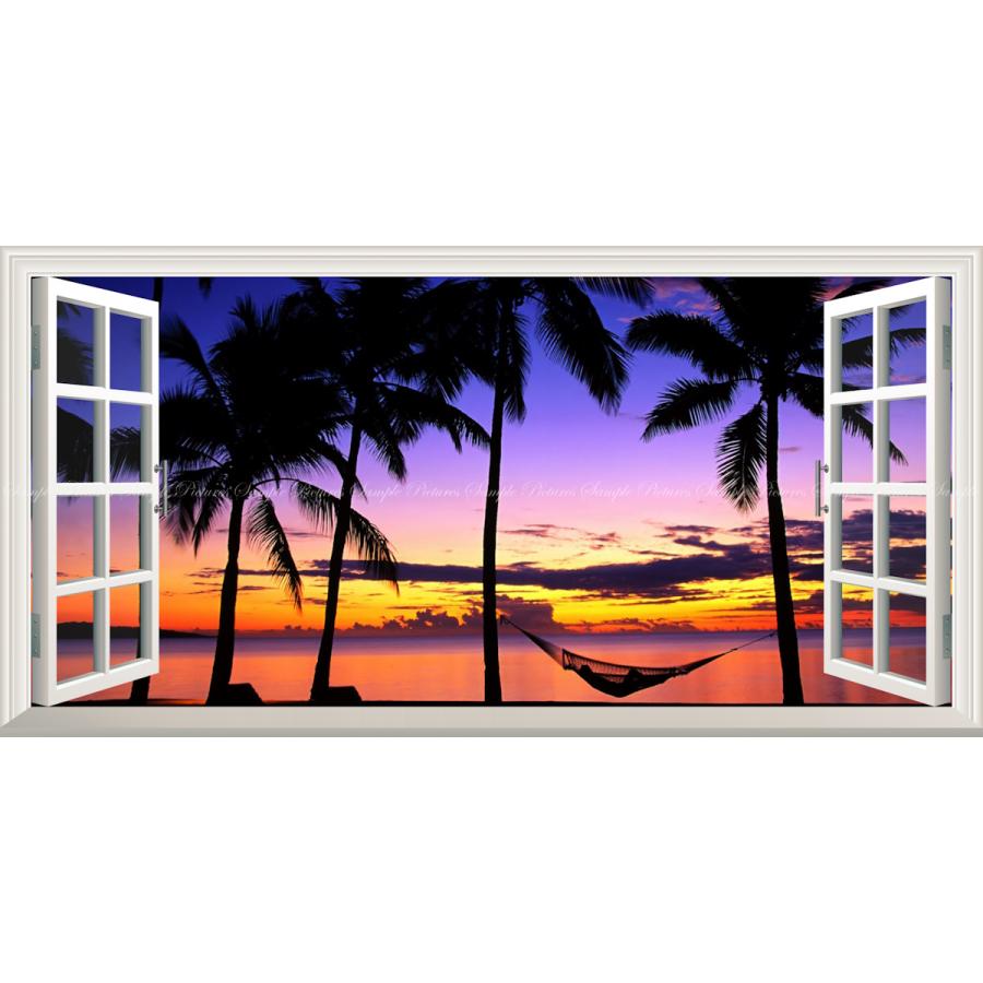 絵画風 壁紙ポスター 窓の景色 トロピカル サンセット ビーチ 夕陽 夕焼け ハンモック ハワイ パノラマ 【窓仕様】 SSST