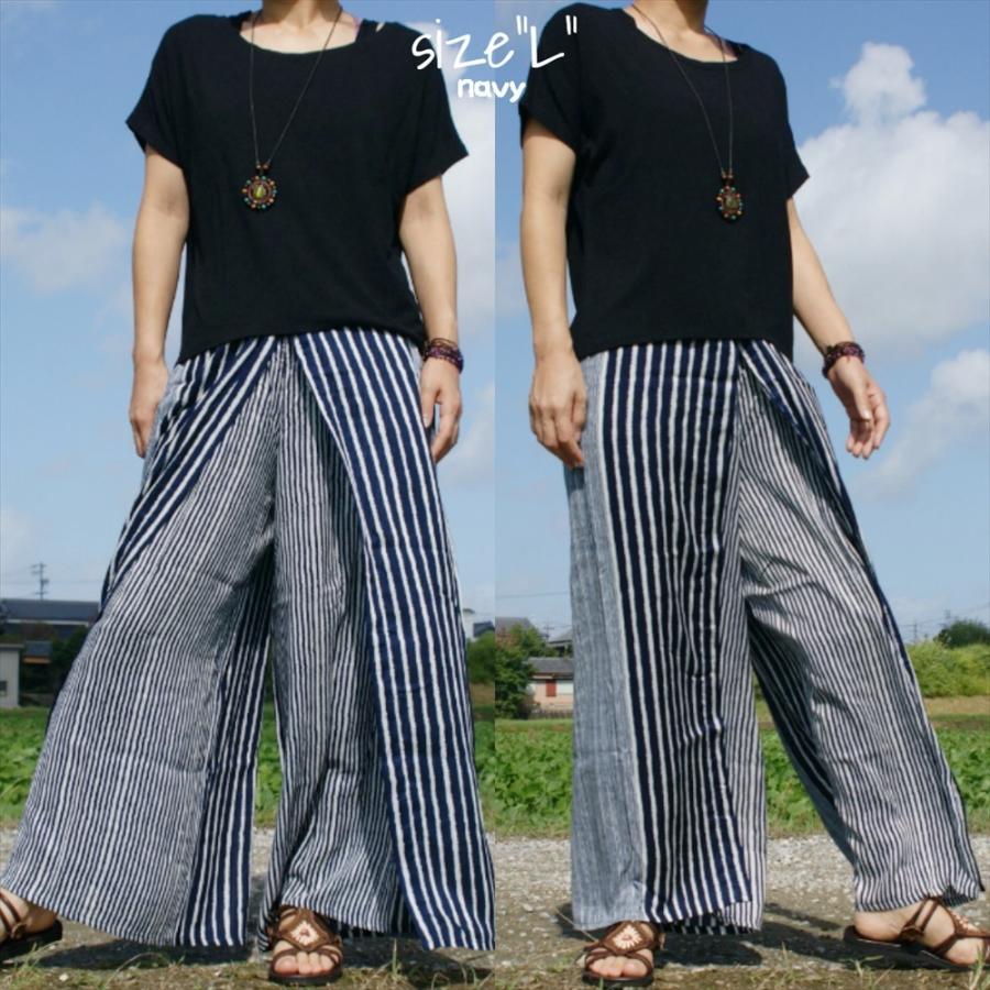 エスニック ラップパンツ ワイドパンツ ボーダー柄 2color 2size