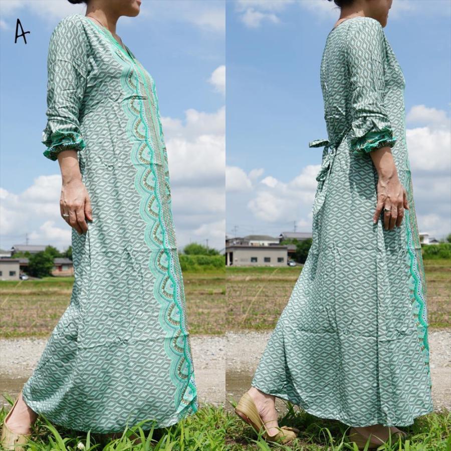エスニック ロング カフタン ワンピース エスニックプリント 3color