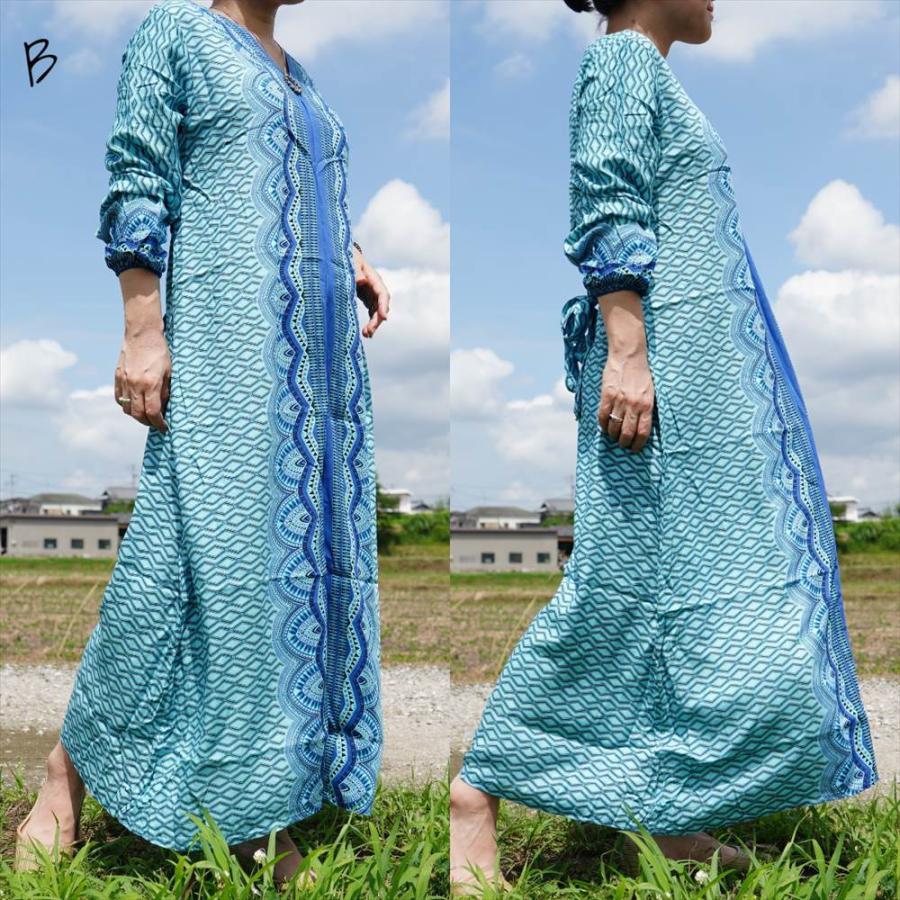 エスニック ロング カフタン ワンピース エスニックプリント 3color