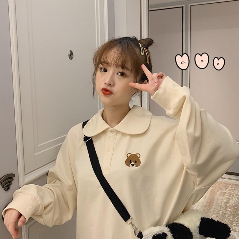 母の日 21 ビッグカラーブラウス 襟 ブラウス 韓国 春 ビッグカラー シャツ オルチャン 熊 キャラクター レディース ポロシャツ Polo 長袖 刺繍 カートン Really Yahoo ショッピング店 通販 Yahoo ショッピング