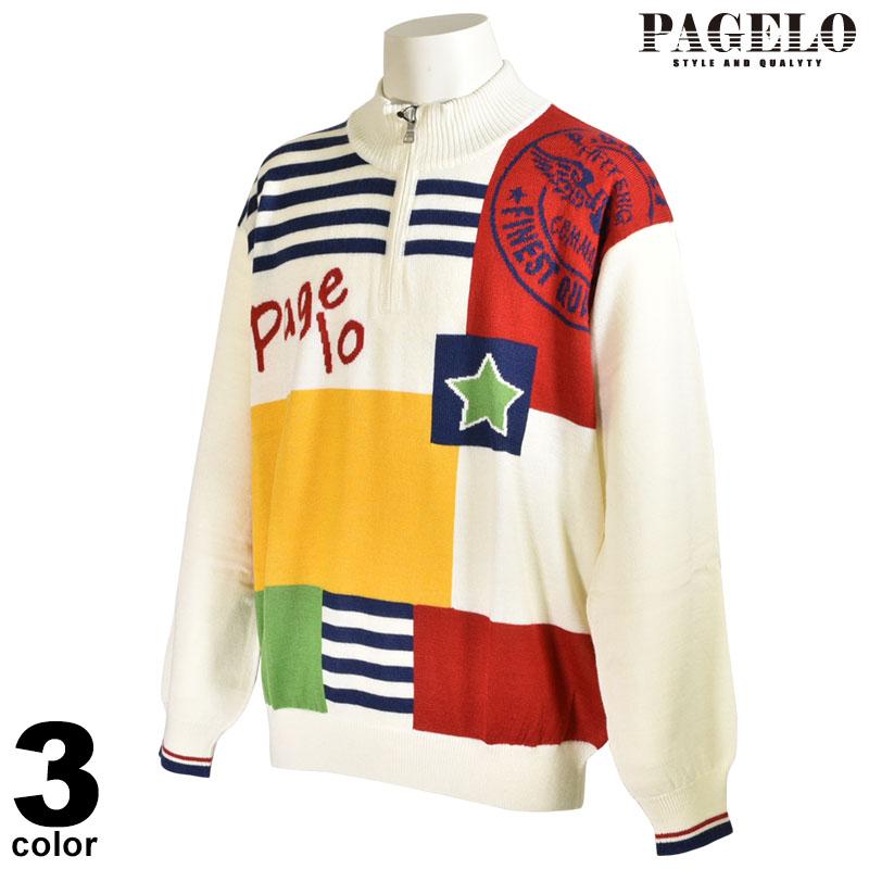 PAGELO パジェロ 長袖 ニット メンズ 秋冬 ハーフジップ 英字 ロゴ 