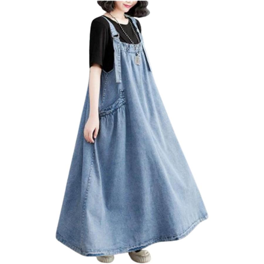 かわいい カジュアル デニム ジャンパースカート 大人 サロペット レディース 無地 シンプル リラックス(ライトブルー,  2XL)