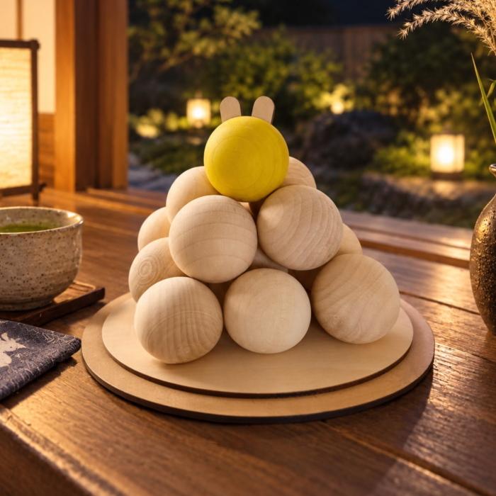 木製お月見団子 うさ耳　　うさぎ 兎餅 十五夜 中秋の名月 置物 飾り インテリア ナチュラル 可愛い シンプル プレゼント ギフト 贈り物 立体 3D | 