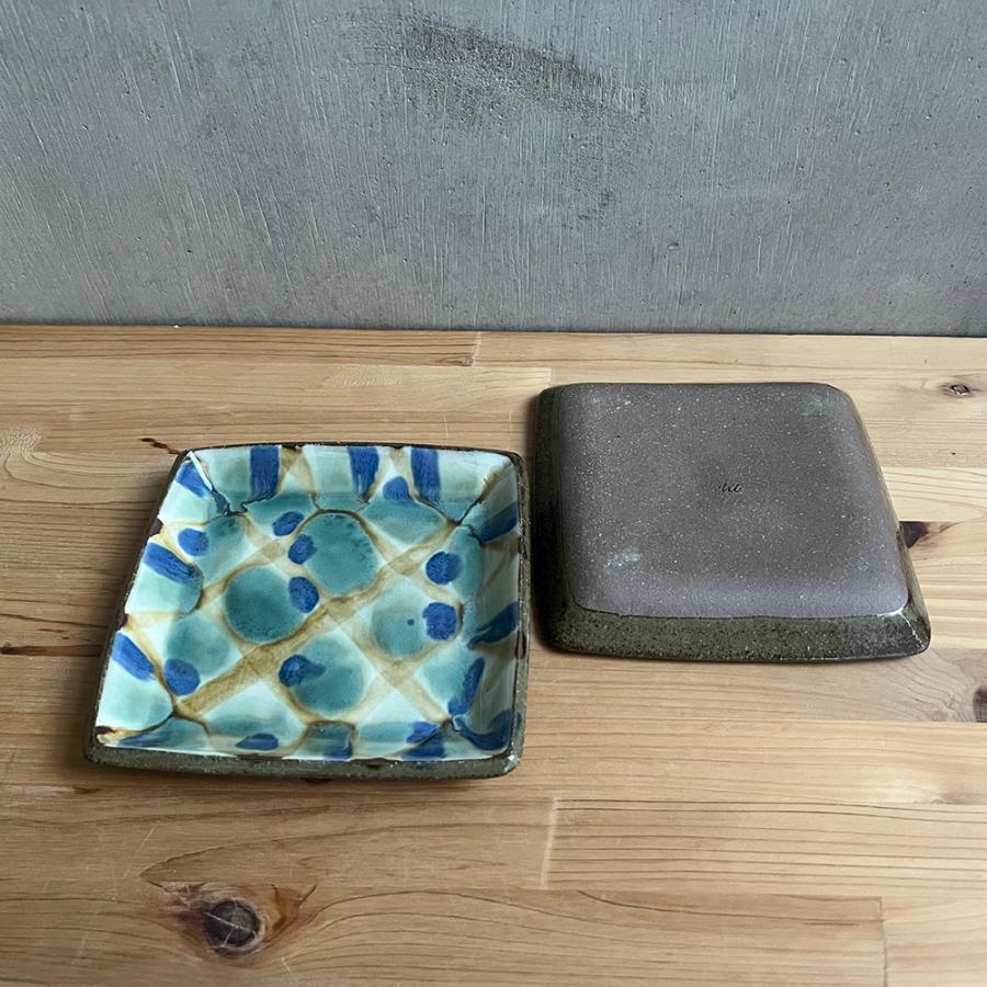 小代焼 三彩角皿 小 小代本谷ちひろ窯 格子 和食器 可愛い かわいい