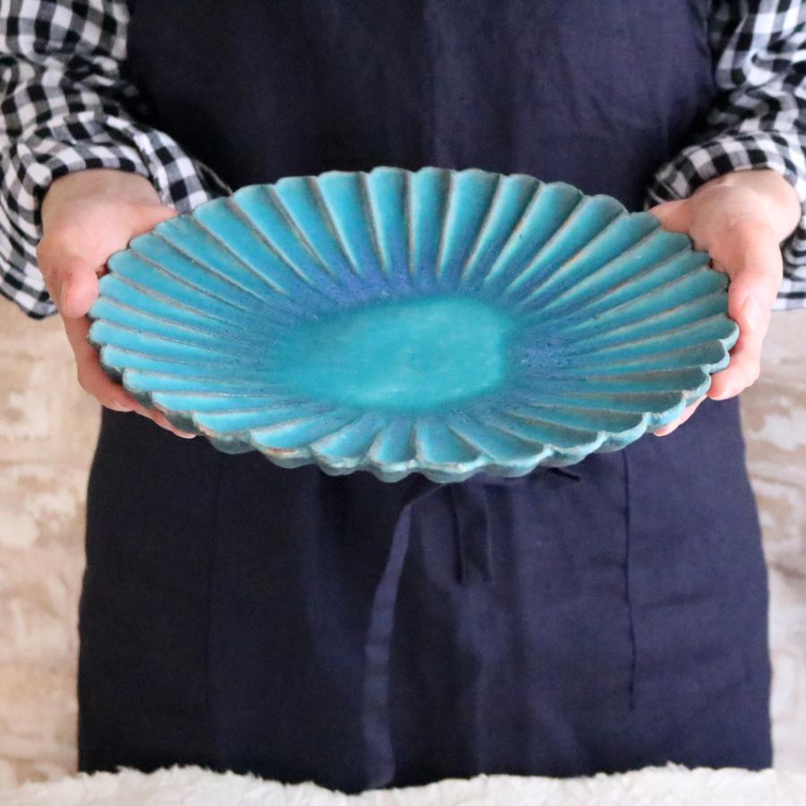 高取焼 高取焼き トルコ青打ち込み輪花皿 大 大皿 プレート皿 ワン