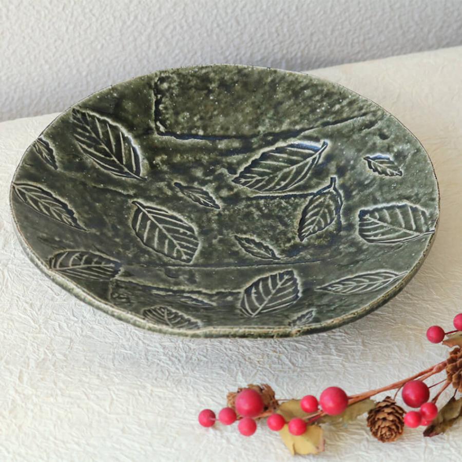 梶原慶治 緑釉木ノ葉文皿 陶芸作品 個人陶芸家 プレート皿 大皿 陶器