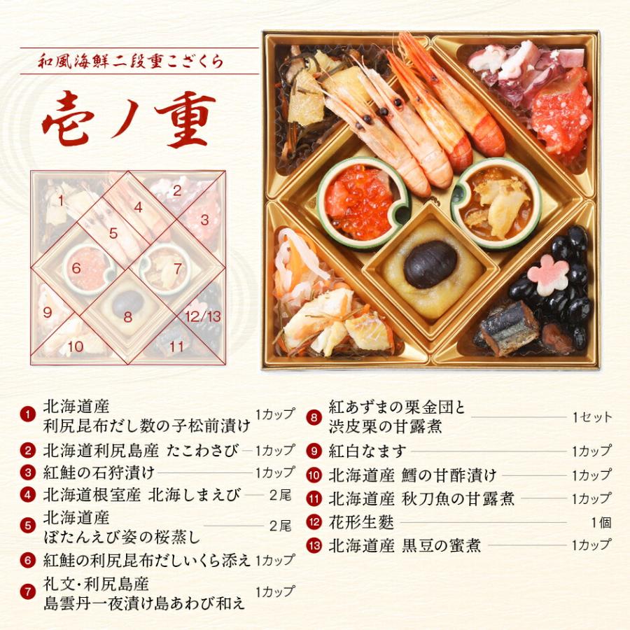 北海道 高級海鮮おせち 2人前 30品目 こざくら 1000円OFFクーポン対象 早割 2026 おせち料理 2段重 お節 御節 オードブル 少人数 和風 | 島の人 | 03