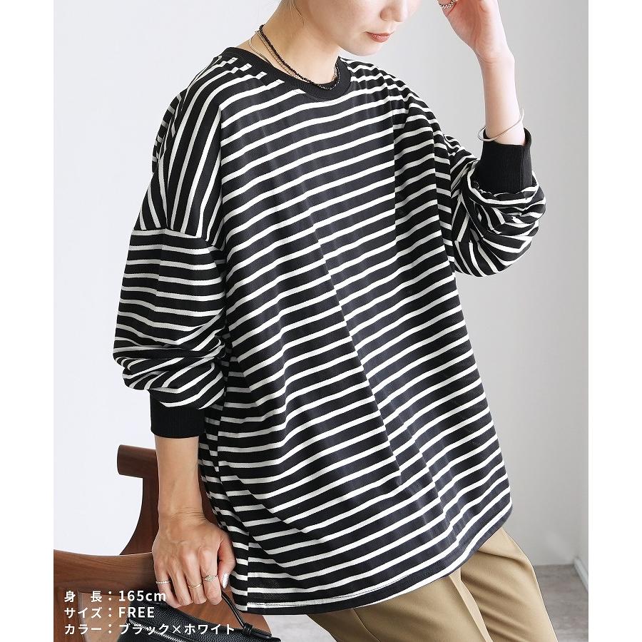 PXG レディース セーター・トレーナー ブラック/ホワイト reca（レカ） ボーダー＆無地ビッグプルオーバー レディース トップス