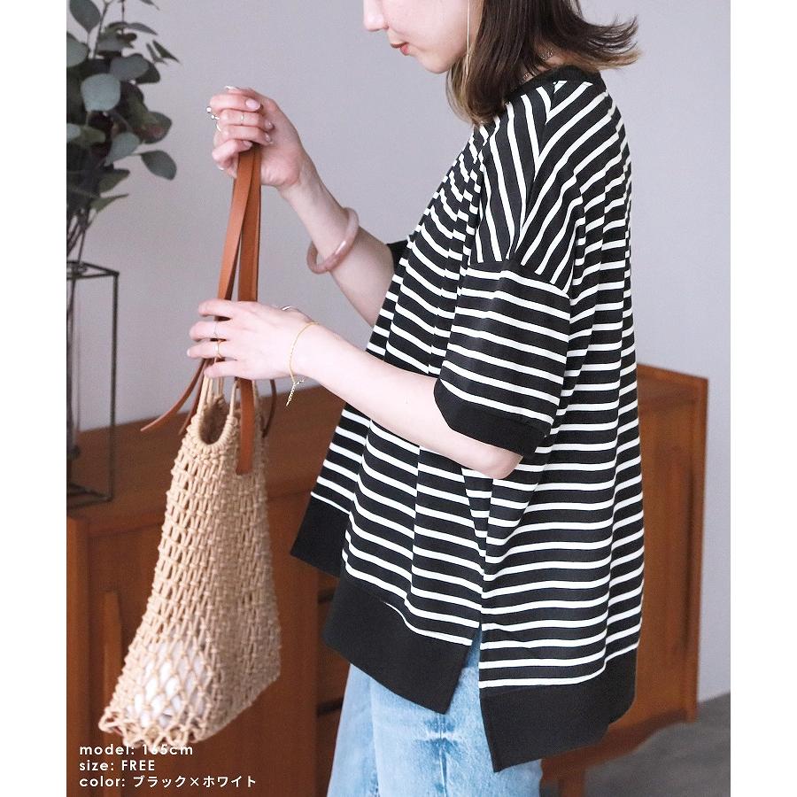フランシュリッペ ブラック ボーダー レース 半袖 Tシャツ reca（レカ） サイドスリットボーダーTシャツ R22160-v レディース