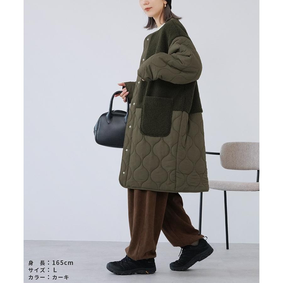 美品 キルティングダウンコート 暖かい ノーカラー ゆったりサイズ カーキ 人気 reca（レカ） ノーカラーボア×ひょうたんキルトコート y9961