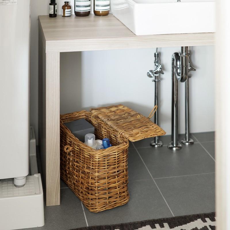 収納 バスケット カゴ かご ラタン 籐 ふた付き スリムバスケット