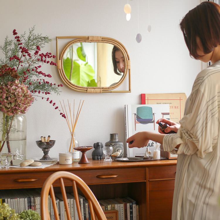 ミラー 鏡 壁掛け JUGLAS LEAF 楕円形 卓上 玄関 ラタン 籐 北欧