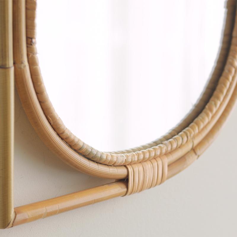 1970 .1980年代アップルラタンミラー 籐 木製楕円形壁掛け鏡 ハンドル