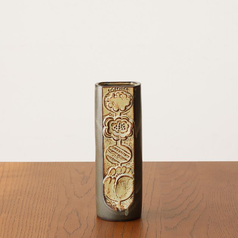 フラワーベース かしわ窯 Sサイズ 直径6.7cm 高さ19.7cm レリーフ 模様