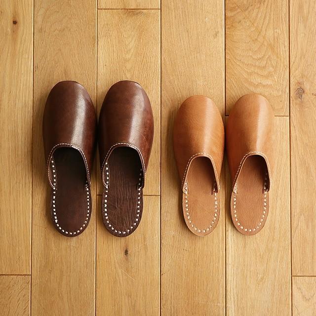 ルームシューズ レディース レザー 皮 スリッパ WAXリネン  