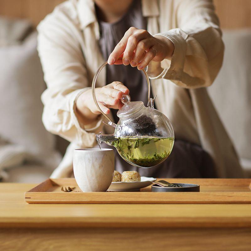 (未使用)琉球ガラスポッド 耐熱ガラスのティーポット｜まんまるポット（箱・茶漉し付き