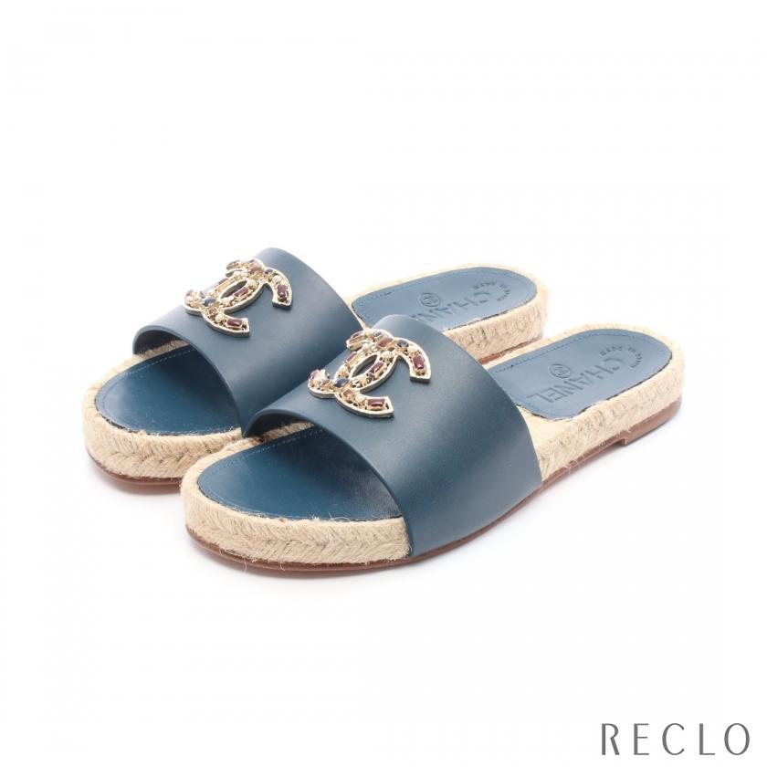 シャネル CHANEL ココマーク エスパドリーユ サンダル 靴 レザー ラフィア レディース ブルー系 / ベージュ系 G32607 【中古】 CHANEL（シャネル） ココマーク エスパドリーユ サンダル レザー