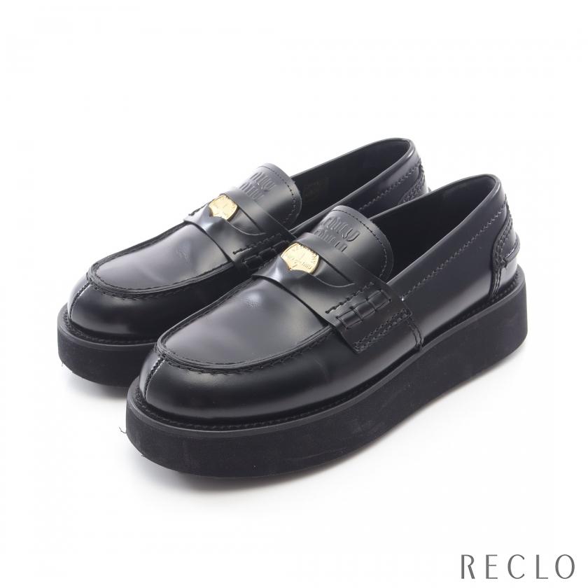 ミュウ ミュウ Miu Miu プラットフォーム ペニーローファー ローファー 靴 レザー レディース ブラック系 5D175E 【中古】 miu miu（ミュウミュウ） プラットフォーム ペニーローファー