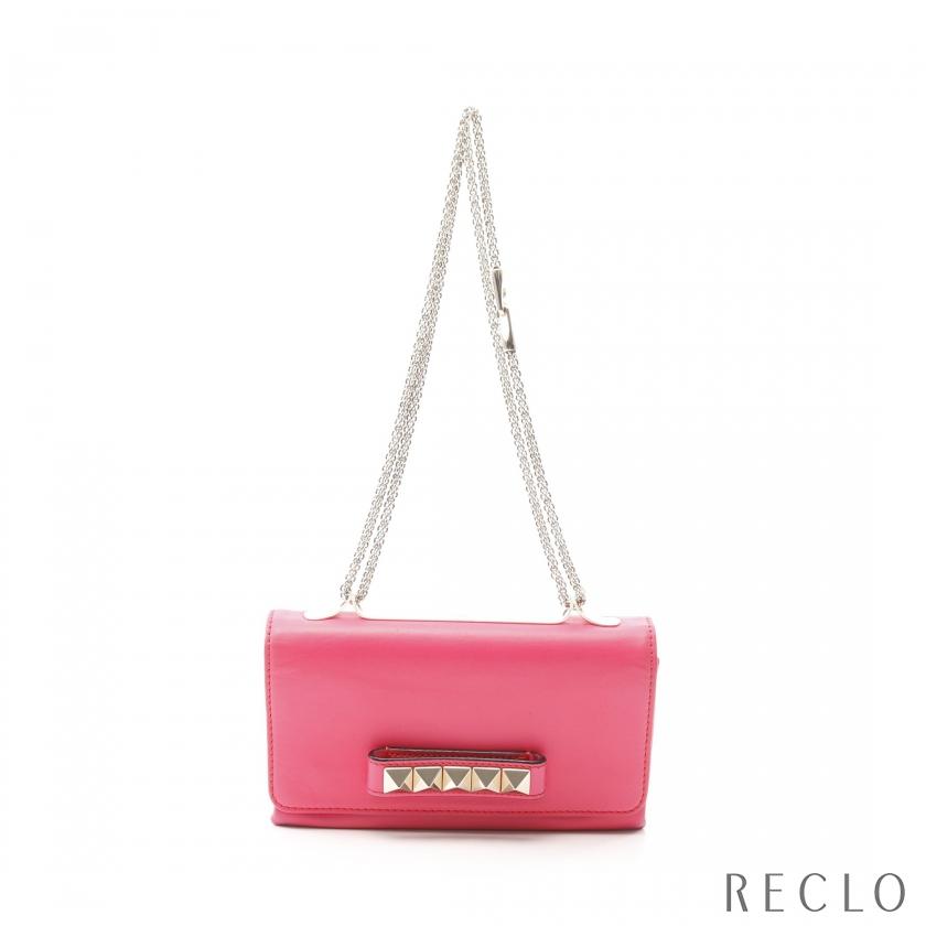 ヴァレンティノ スタッズ チェーン ショルダーバッグ ピンク レザー レディース VALENTINO 【中古】 VALENTINO（ヴァレンティノ） チェーンショルダーバッグ レザー ピンク