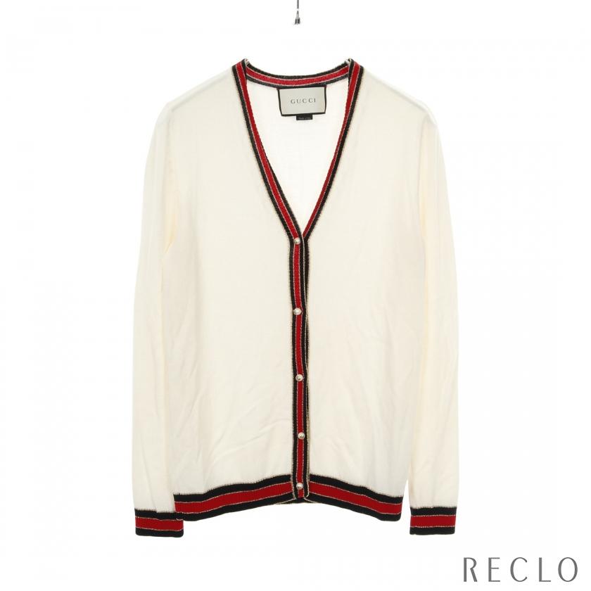 グッチ GUCCI シェリーライン パールボタン カーディガン 衣料品 トップス ウール レディース ホワイト系 / レッド系 / ネイビー系 411610 【中古】 GUCCI（グッチ） シェリーライン パールボタン カーディガン ウール