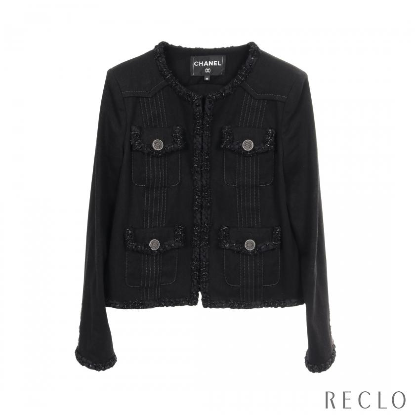 中古　美品　シャネル　CHANEL ブラック　ノーカラー　ジャケット　42 シャネル CHANEL デニム ノーカラージャケット コットン ブラック ロゴ