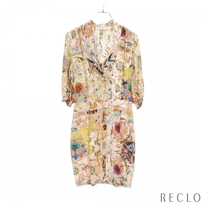 ETRO（エトロ） ワンピース 七分袖 ボタニカル シルク ベージュ マルチ