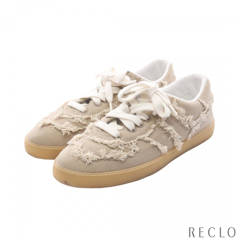 ミュウ ミュウ Miu Miu ウォッシュド デニム フリンジ スニーカー 靴 コットン レディース ベージュ系 【中古】 miu miu（ミュウミュウ） ウォッシュド デニム フリンジ スニーカー