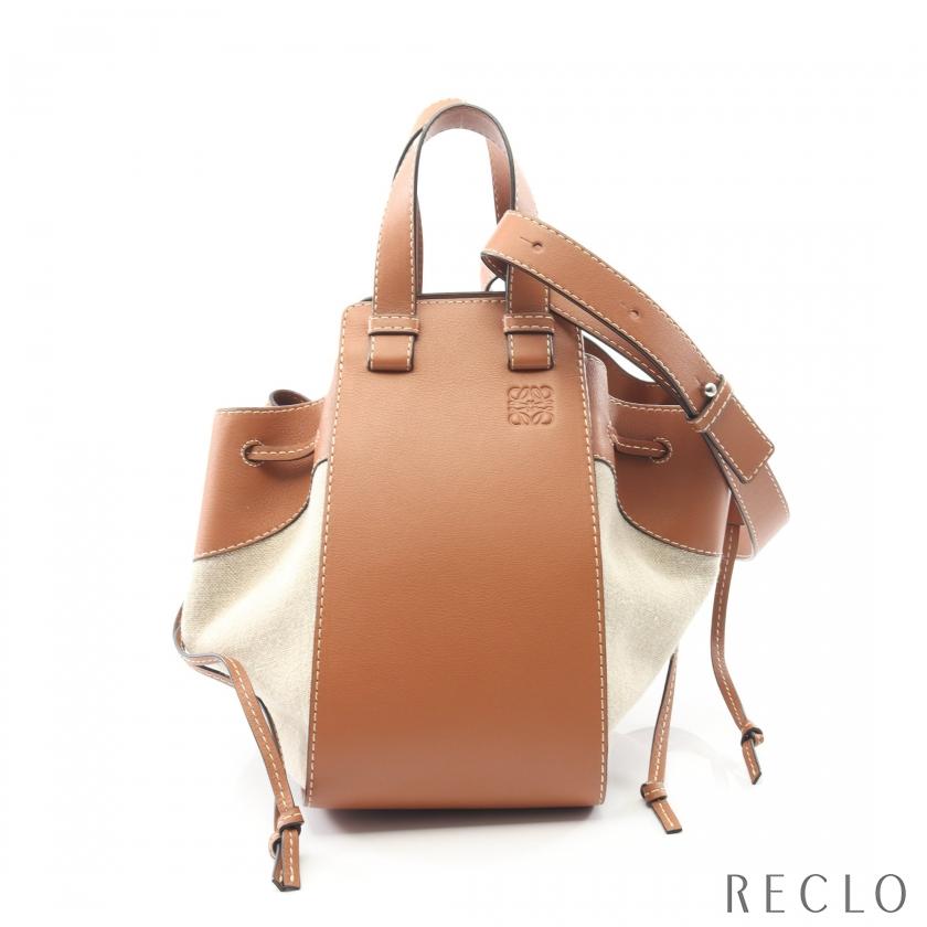 ロエベ LOEWE ハンモック ドローストリングバッグ ミディアム ハンドバッグ バッグ レザー キャンバス レディース ブラウン系 / ベージュ系 【中古】 LOEWE（ロエベ） ハンモック ドローストリングバッグ ミディアム